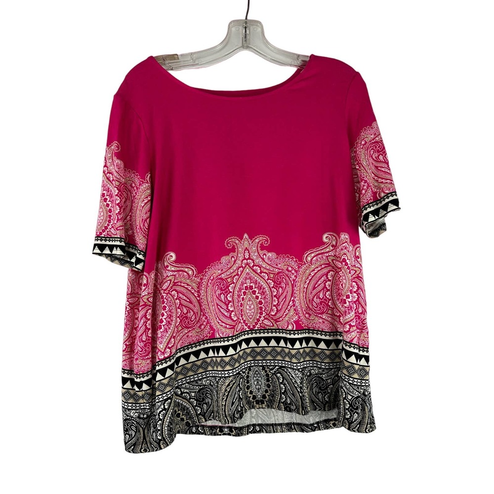Chicos Pullover Top Womens Size 1 US M Pink Paisley Short‎ Sleeve Round Neck